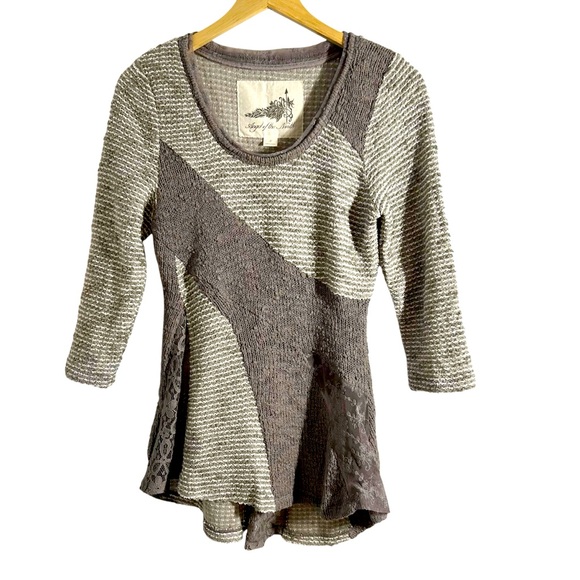 Anthropologie Angel Of The North Lace Inset Mixed Media Striped Sweater Size M - Picture 3 of 13